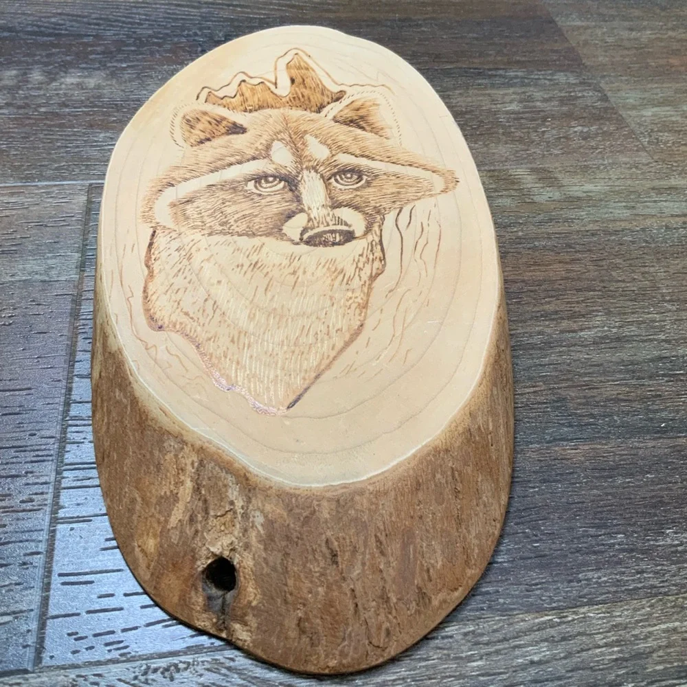 Raccoon wall sculpture burn etched wood slab plaque
